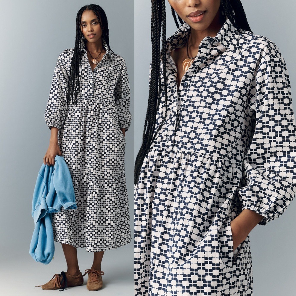 Anthropologie Maeve The Bettina Tiered Shirt Midi Dress 1X Blueberry Blue Print